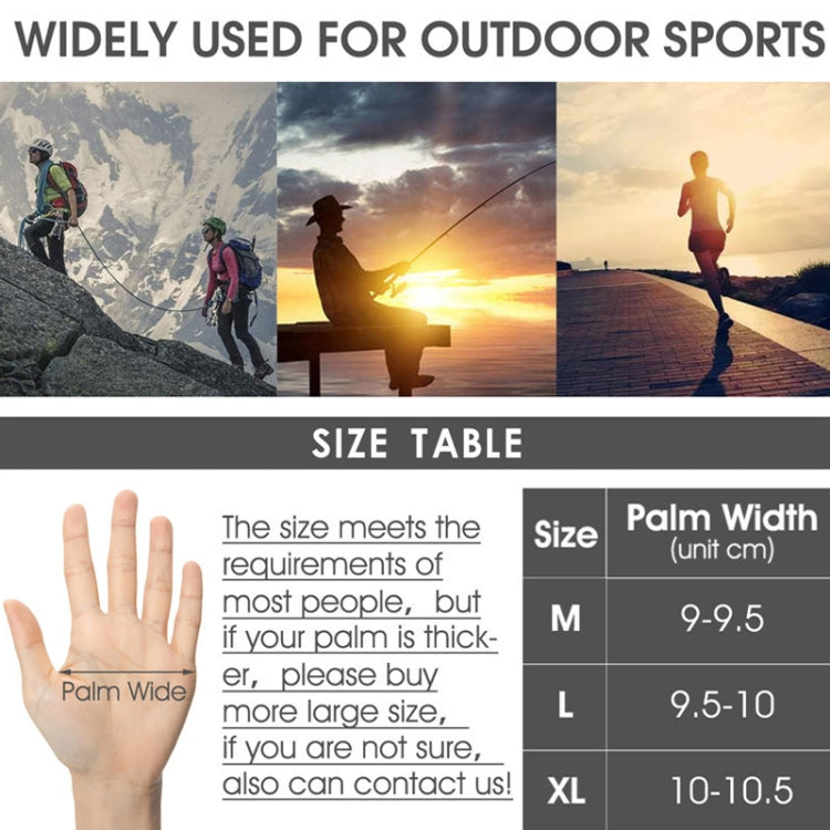 Glove size chart showing palm width guide for half-finger cycling gloves (M–XL)