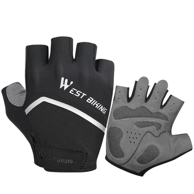 Bicycle riding shock-absorbing half-finger gloves in black with white stripe and gray touchscreen pads