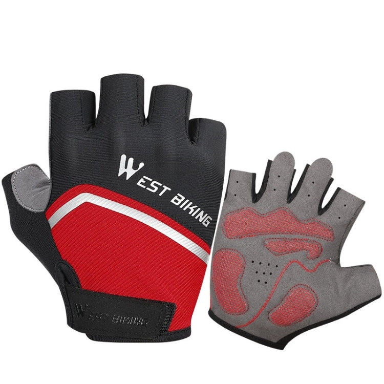 Bicycle riding shock-absorbing half-finger gloves in black with red stripe and reinforced fingertips