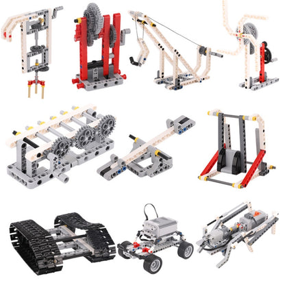 Robot building blocks set with multiple assembled mini machines, gears, and wheels