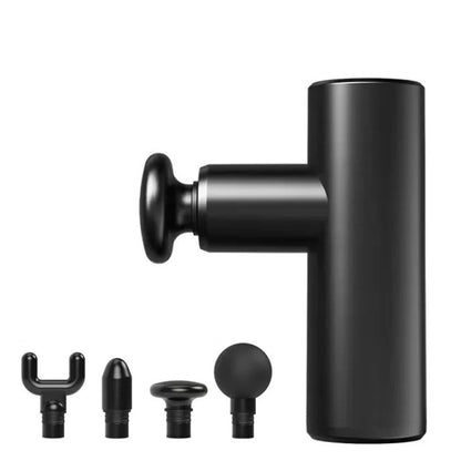 Portable fascia gun massager with four attachment heads, black handheld device