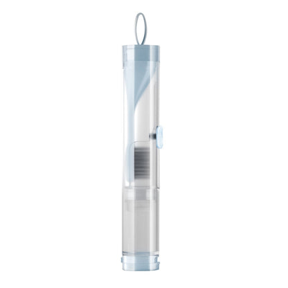 Sky blue folding toothbrush in clear travel case, with attached brush head