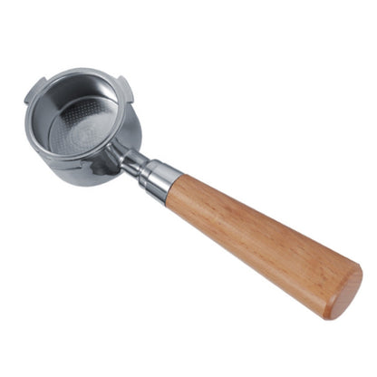 Bottomless coffee portafilter handle with beech wood grip and stainless steel filter basket