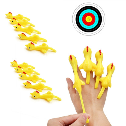 Set of yellow turkey finger toys with red heads, held on an open hand