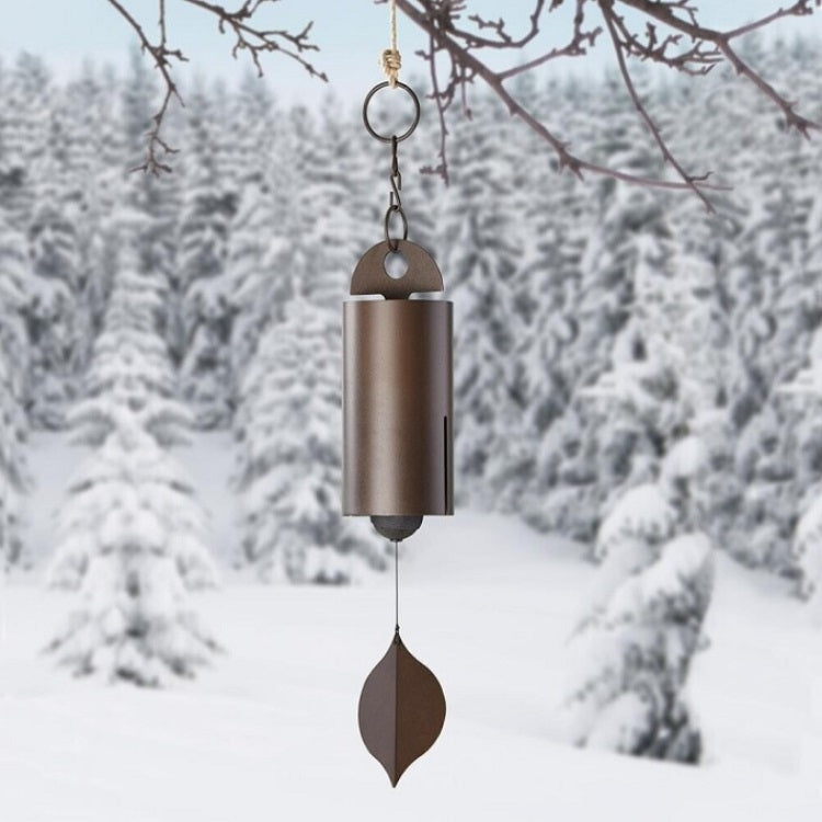 Bronze metal wind chime with cylindrical body and leaf clapper