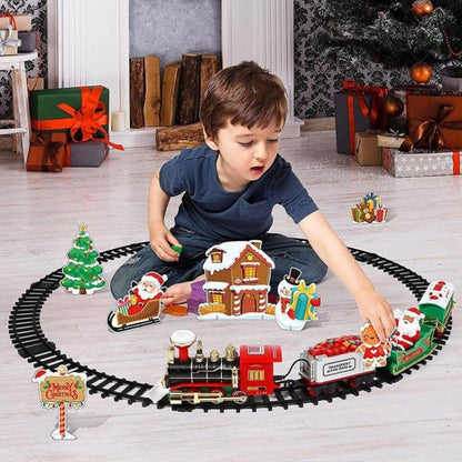 Christmas train rail car model with track, colorful holiday decorations