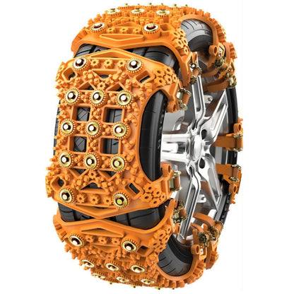 Orange snow tire chains with studded links and side tension bars for SUV tires