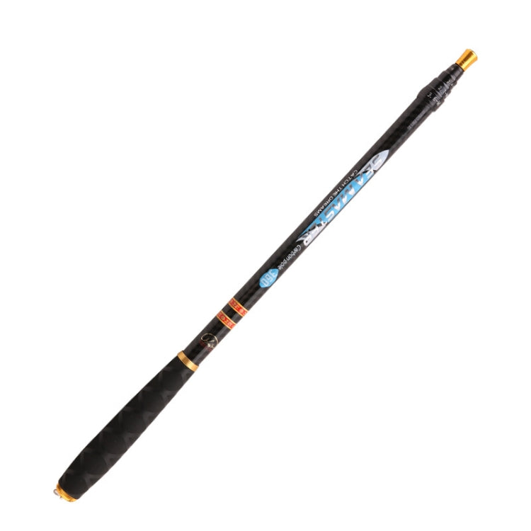 Black fishing rod section with gold guide tip and blue grip decals