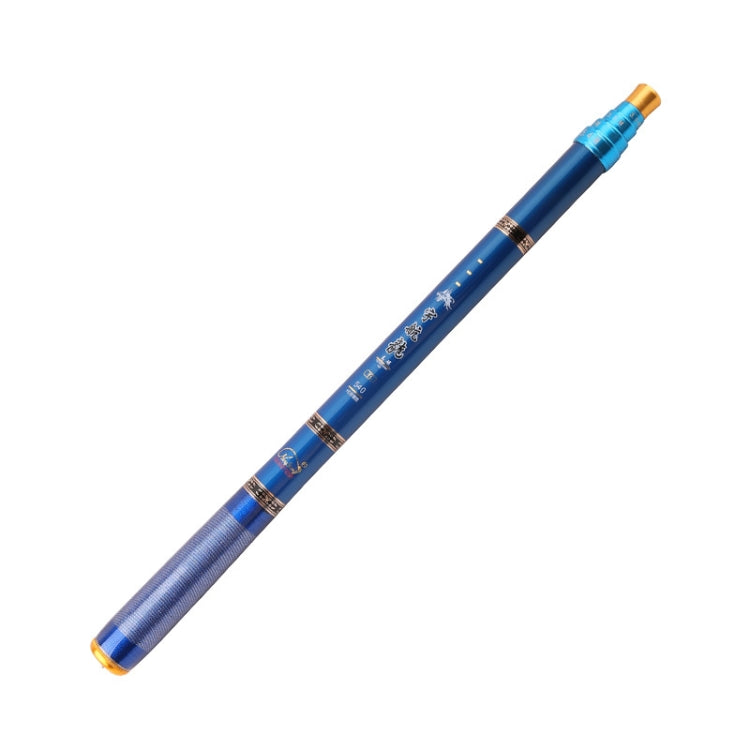 Blue fishing rod section with gold guide tip and decorative markings