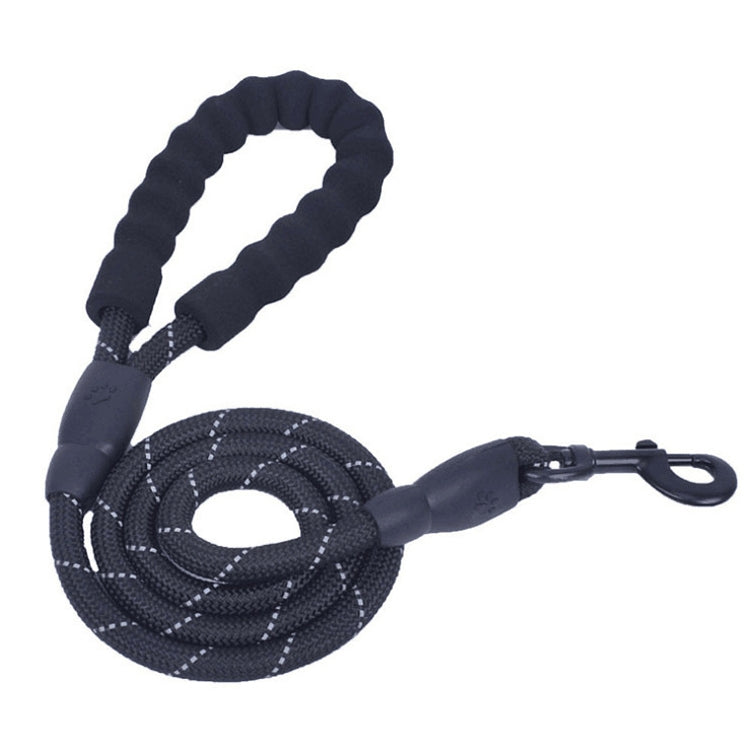 Reflective dog pull rope with black braided cord and adjustable grip handle, hook clasp