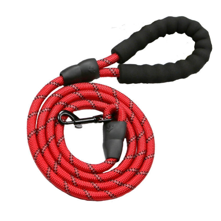 Reflective dog pull rope with red braided cord and black grip handle, metal clip hook
