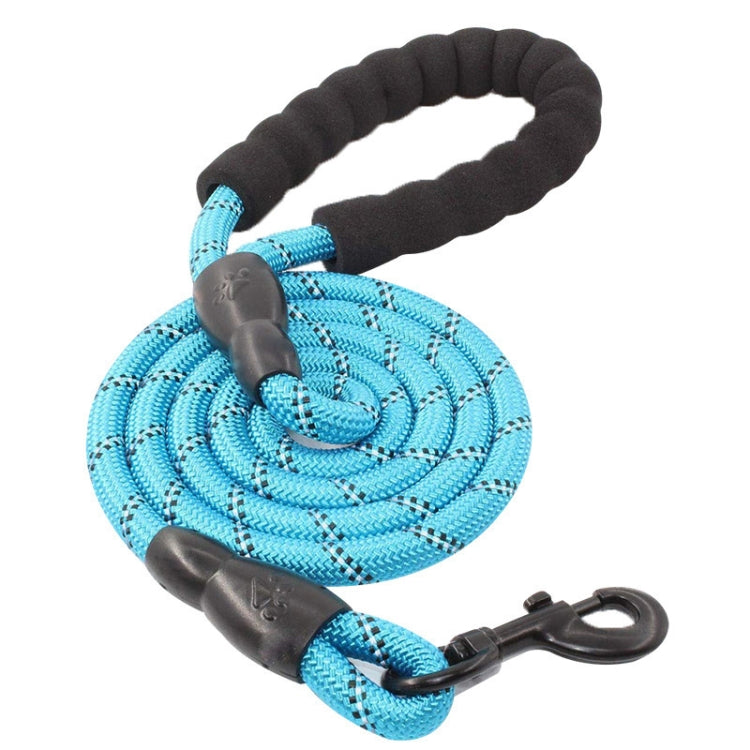 Reflective dog pull rope with sky blue braided cord and black grip handle, metal clip hook