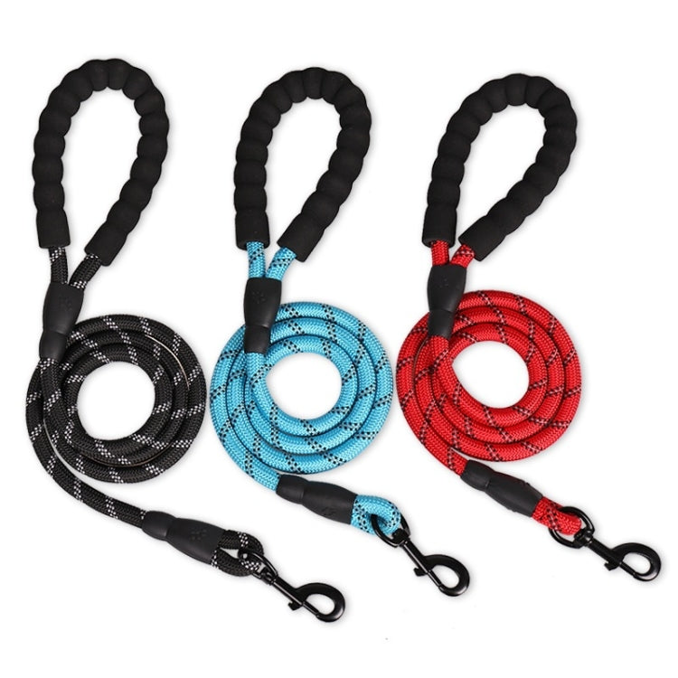 Set of reflective dog pull ropes in black, sky blue, and red with black handles and hooks