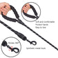 Black reflective dog pull rope leash with padded handle and metal hook for towing