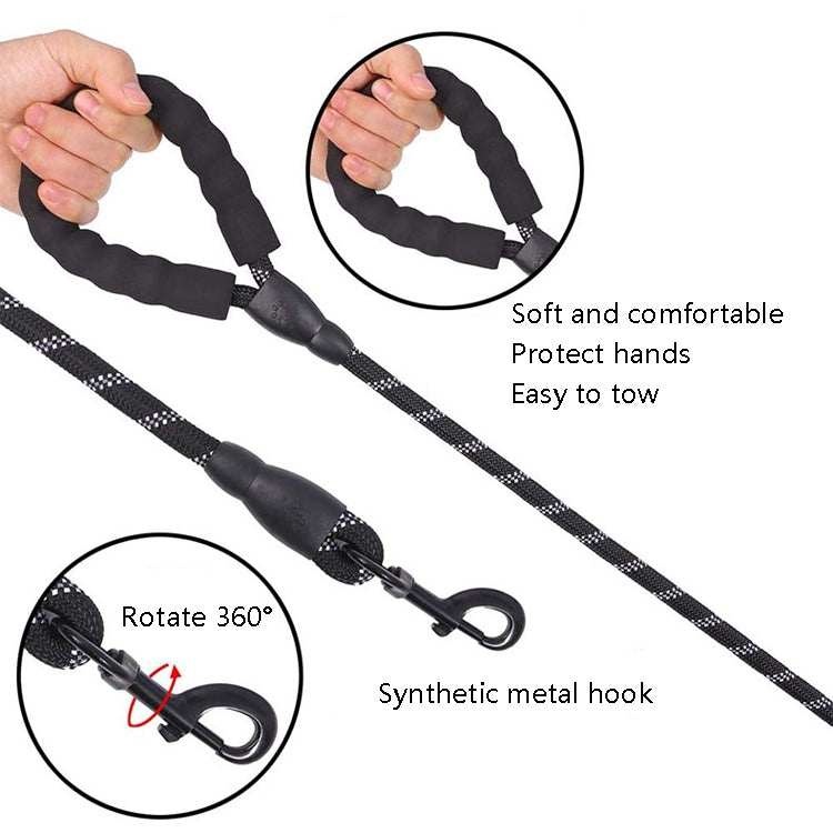 Black reflective dog pull rope leash with padded handle and metal hook for towing