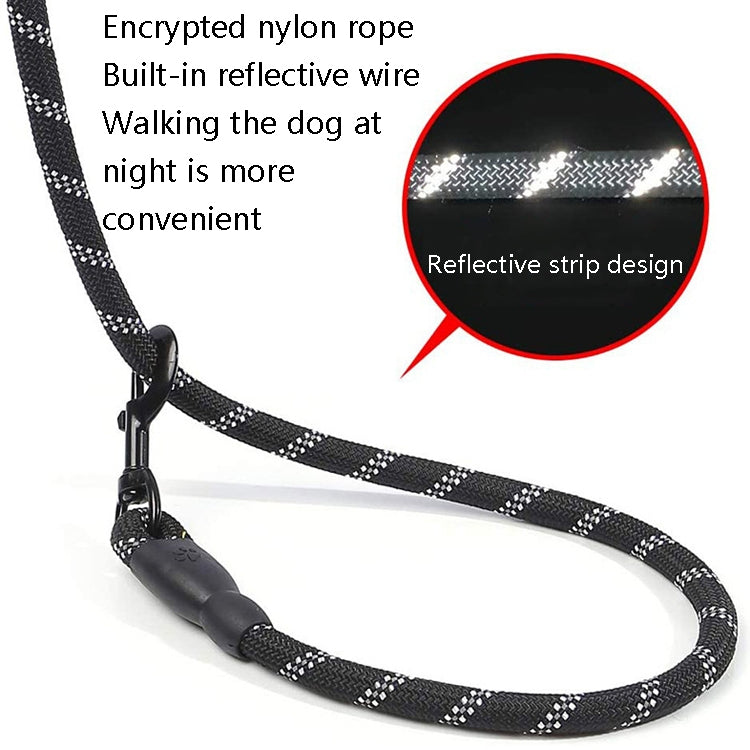Black reflective dog pull rope with built-in reflective wire and metal leash hook