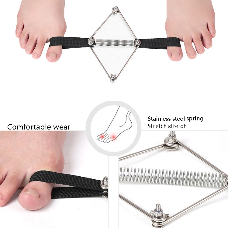 Toe corrector toe stretcher brace with black band and silver spring shown on foot