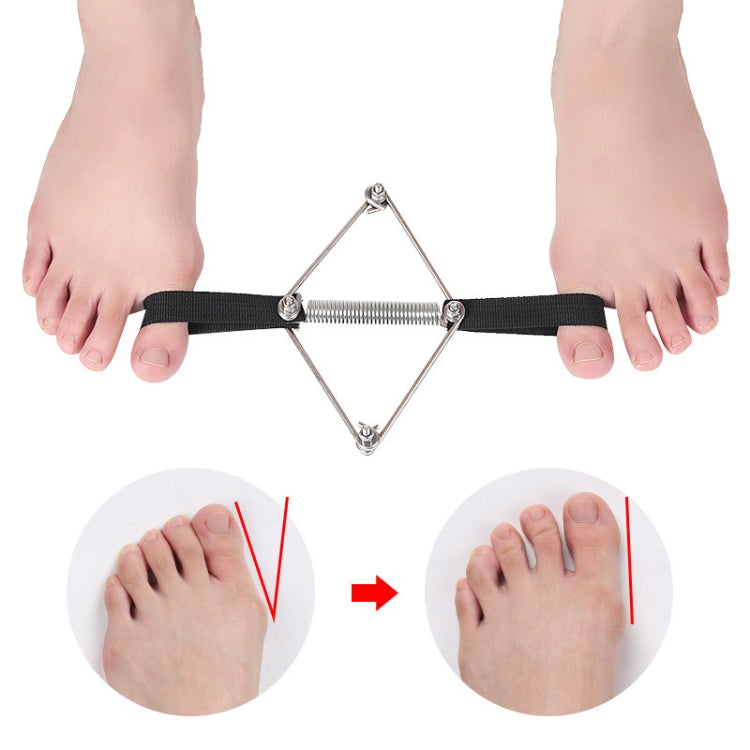Toe corrector brace worn on feet with black strap and silver spring; before-after steps