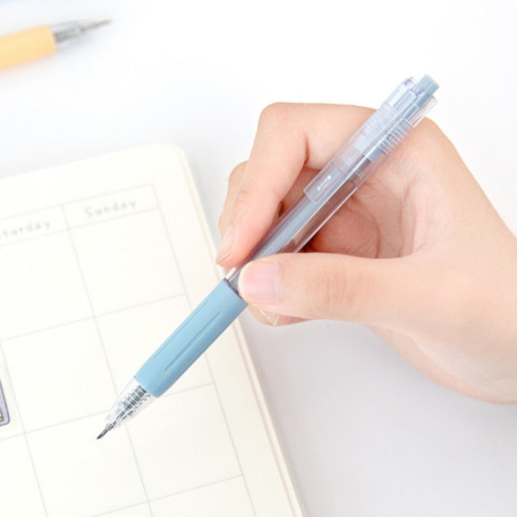 Blue retractable utility knife pen with clear tip, ready for paper cutting