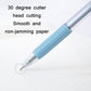 Close-up of blue pen knife tip with metal blade for paper cutting
