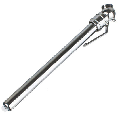 Portable tire gauge pen with metal valve connector and hook, silver tube
