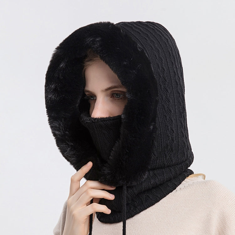 Black knit hood scarf face mask with faux-fur trim, covering face and neck