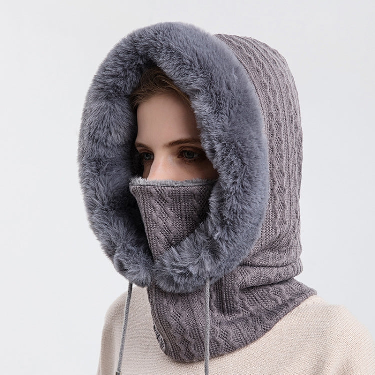 Grey knit hood scarf face mask with plush faux-fur hood, covers face and neck