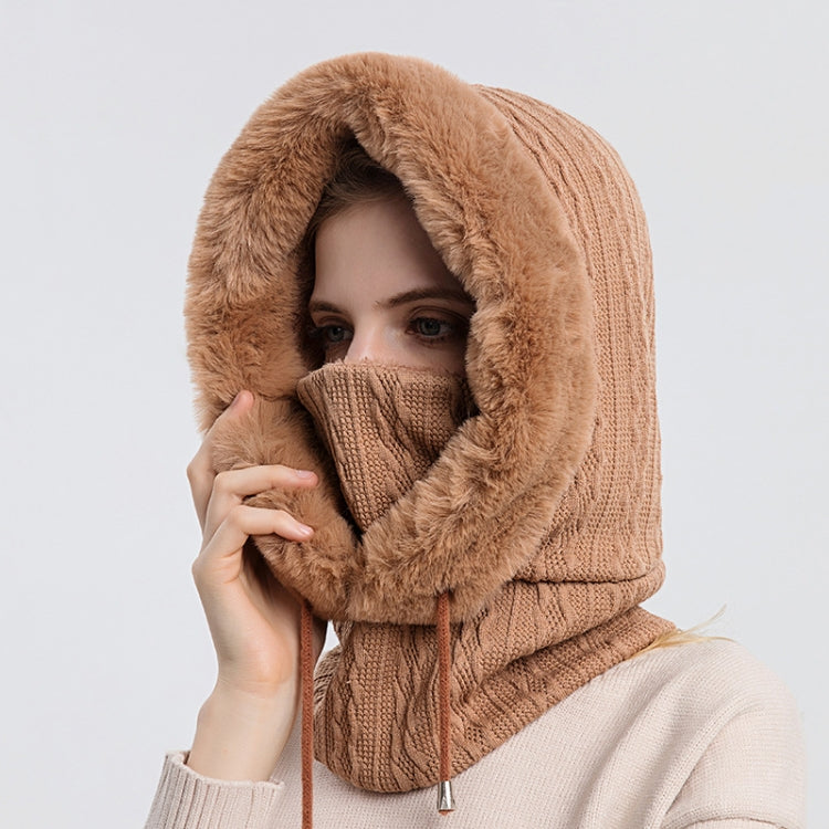 Camel-brown knit hood scarf face mask with faux-fur trim, covers face and neck