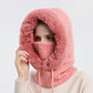 Light pink knit hood scarf face mask with faux-fur trim, covers face and neck