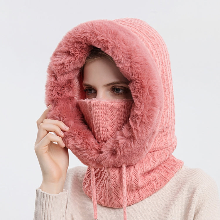 Light pink knit hood scarf face mask with faux-fur trim, covers face and neck