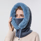 Blue knit hood scarf face mask with faux-fur trim, covers face and neck