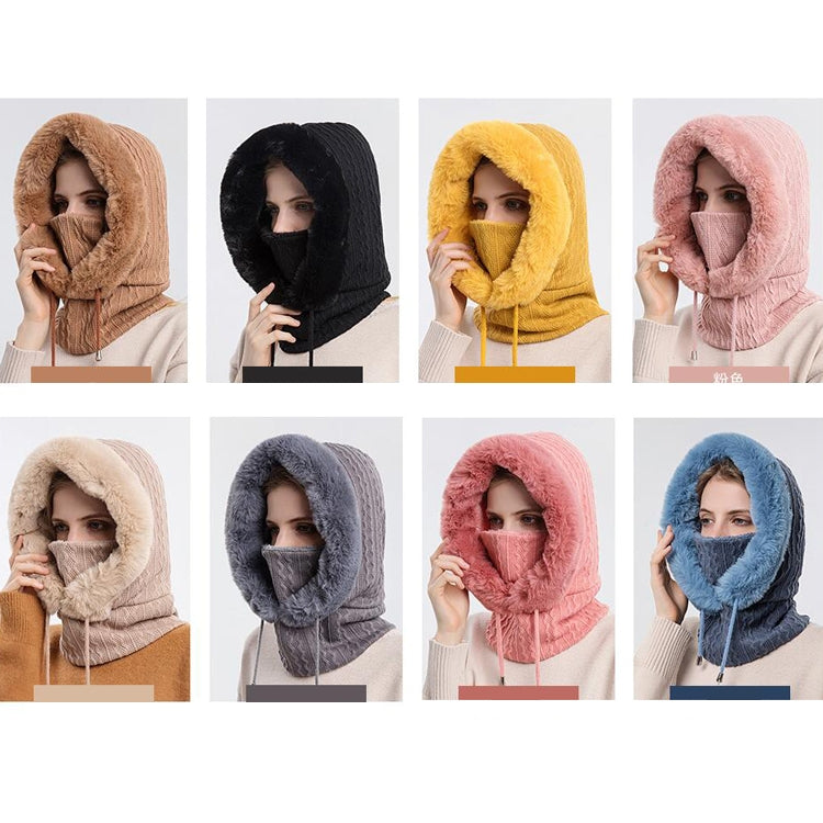Hooded face mask scarf shown in multiple colors, with faux-fur trim