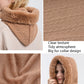 Brown knit hood scarf face mask detail, showing textured knit and faux-fur trim