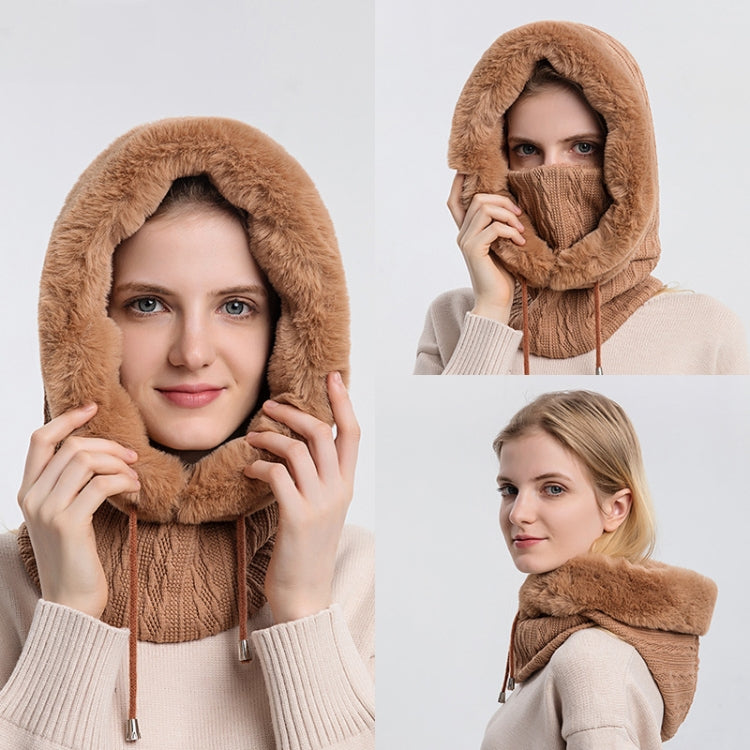 Hooded face mask scarf with knit nose and fur-trim hood, dark tan