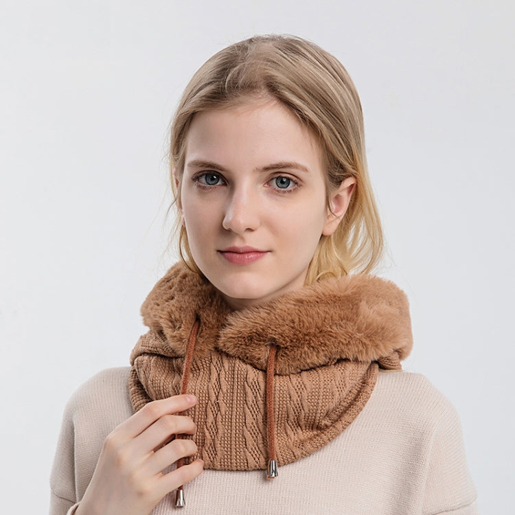 Hooded face mask scarf with cable-knit mask panel and faux-fur collar, tan