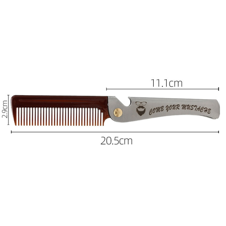 Folding beard styling comb with brown handle and metal blade, 20.5cm length