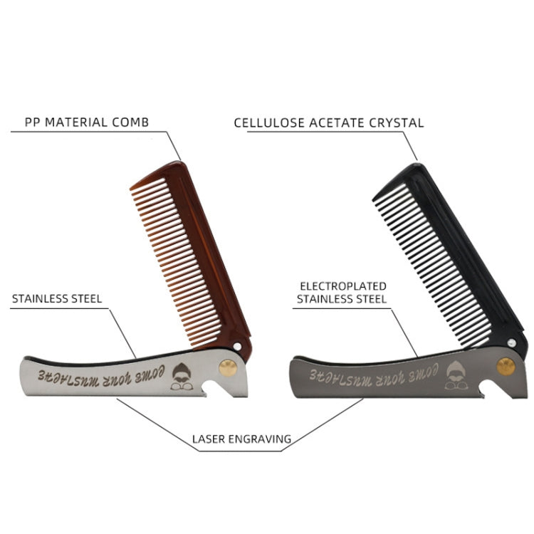 Beard comb with stainless-steel blade, plastic comb teeth, and laser engraving