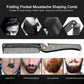 Folding pocket moustache shaping comb with metal blade, brown handle, fine teeth