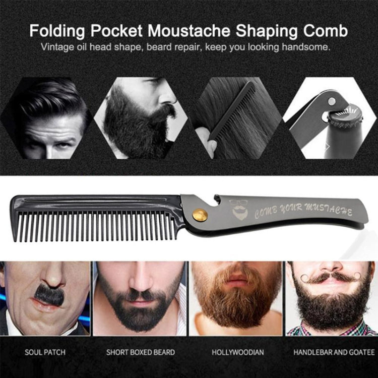 Folding pocket moustache shaping comb with metal blade, brown handle, fine teeth