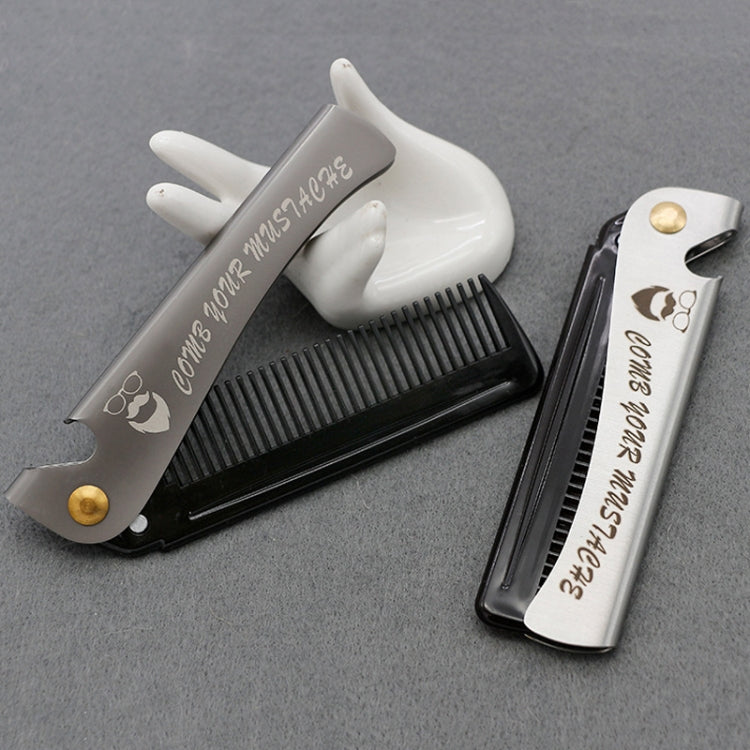 Folding beard styling comb with black teeth and white folding covers