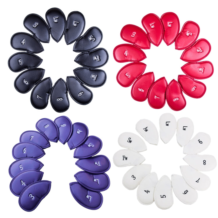 Golf club head cover set in black, red, purple, and white with numbered pockets