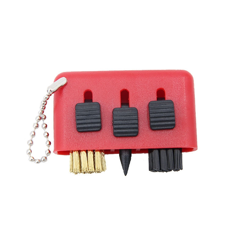 Red 3-piece golf club cleaning brush set with retractable bristles and groove heads