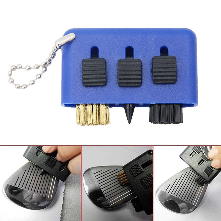 Blue 3-piece golf club cleaning brush set with retractable bristles and groove heads