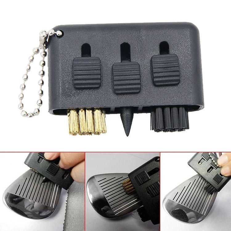 Black 3-piece golf club cleaning brush set with retractable bristles and groove heads