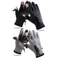 Pair of black and grey fingerless riding gloves with touchscreen fingertips