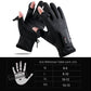 Black fingerless riding gloves with touchscreen fingertips and size reference table