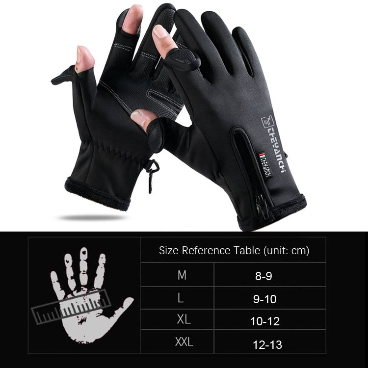 Black fingerless riding gloves with touchscreen fingertips and size reference table