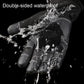 Waterproof black riding gloves with silicone grips, water droplets on palm