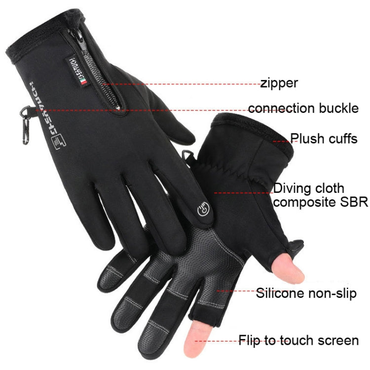Black flip-to-touch fingerless gloves with zipper wrist and plush cuffs