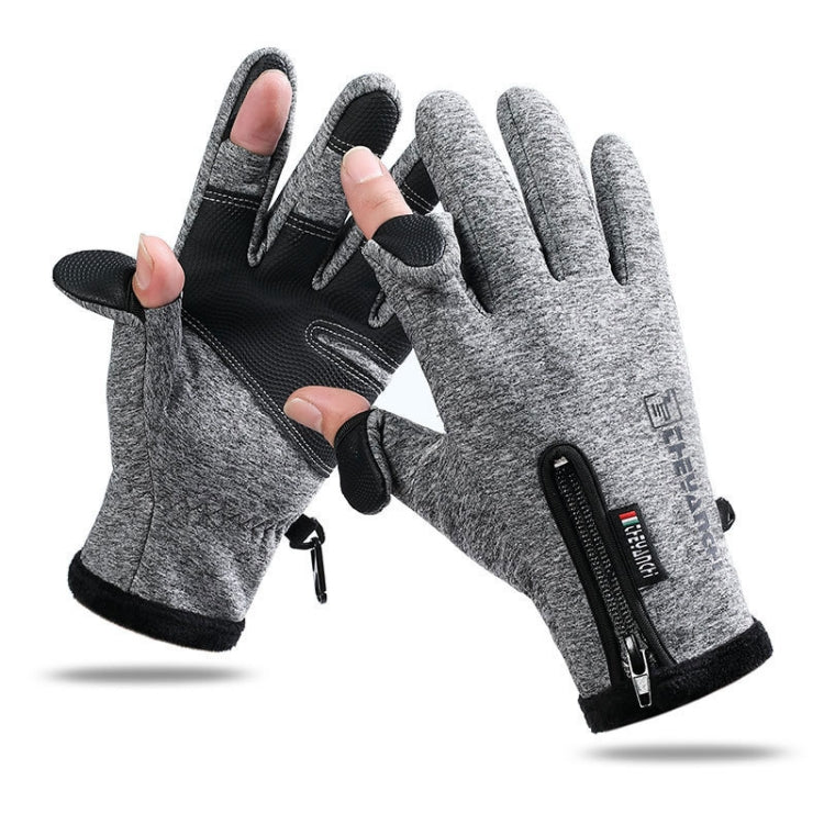 Grey fingerless riding gloves with touchscreen fingertips and wrist zipper pocket